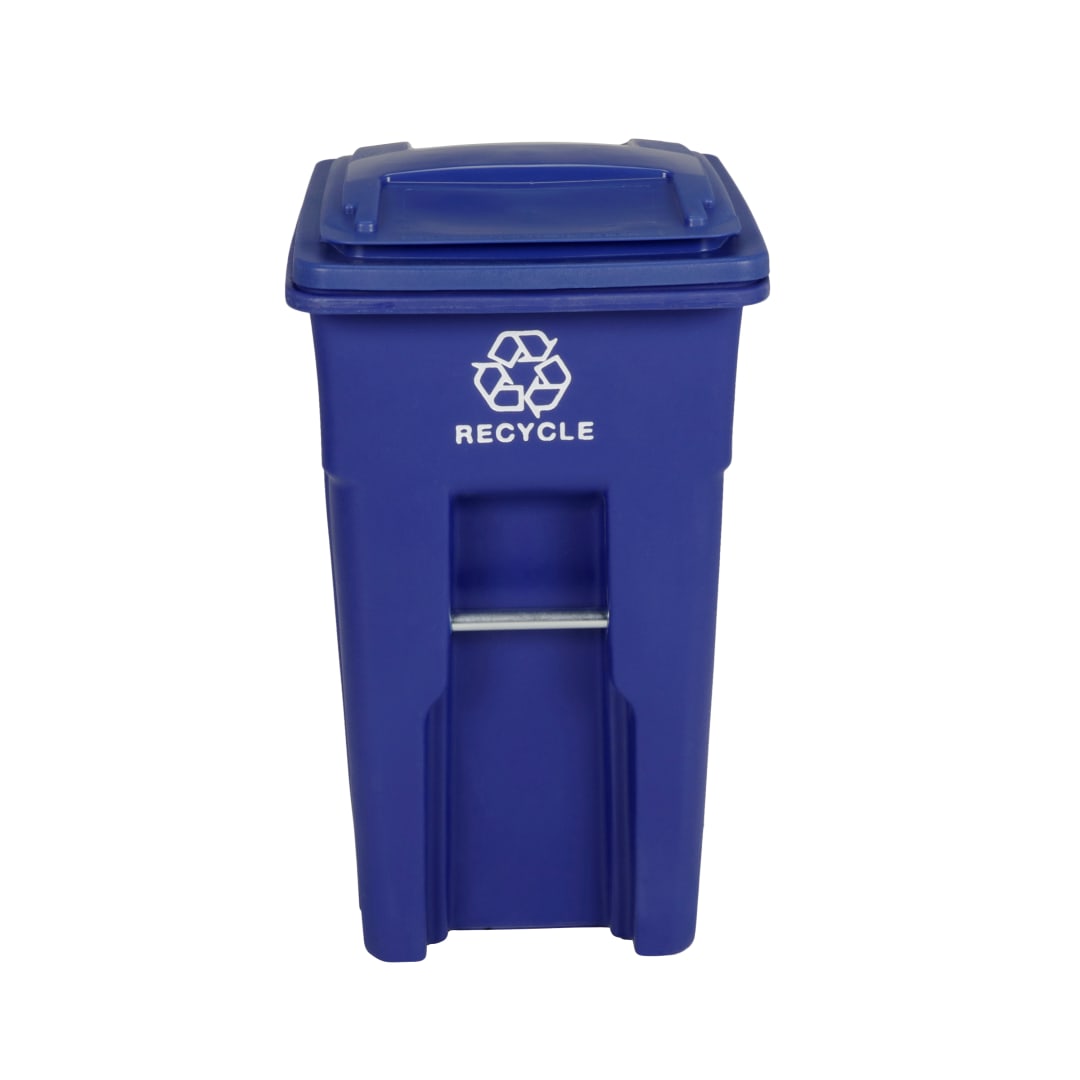 32 Gal. Blue Trash Can with Quiet Wheels and Attached Blue Lid