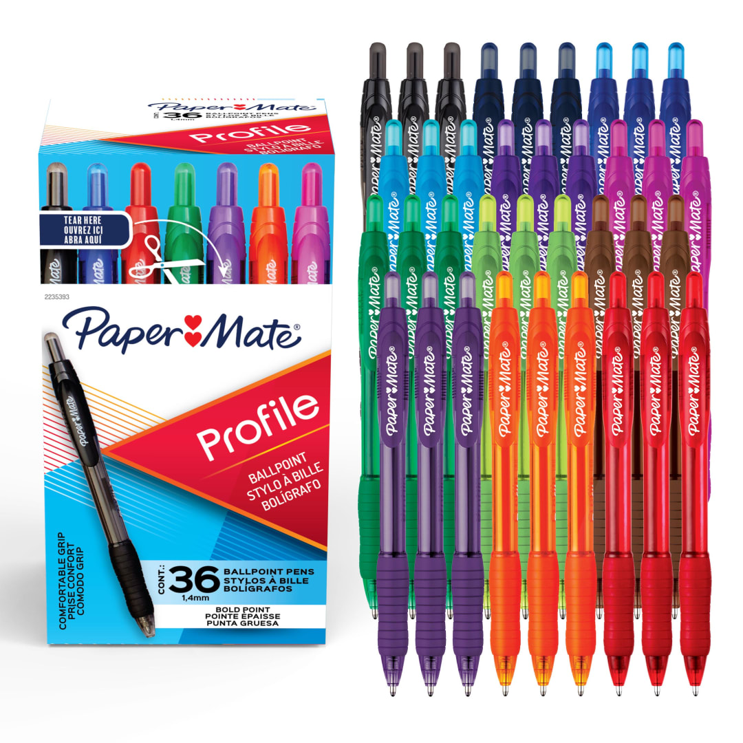Paper Mate Profile Retractable Ballpoint Pens, Medium Point (1.0 mm), Assorted Colours, 36 Count