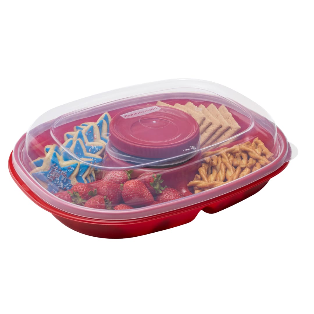 Rubbermaid Special-Edition Americana Red Party Platter With 2-Cup Twist & Seal Container, Dishwasher-Safe, BPA-Free Serving Tray and Container