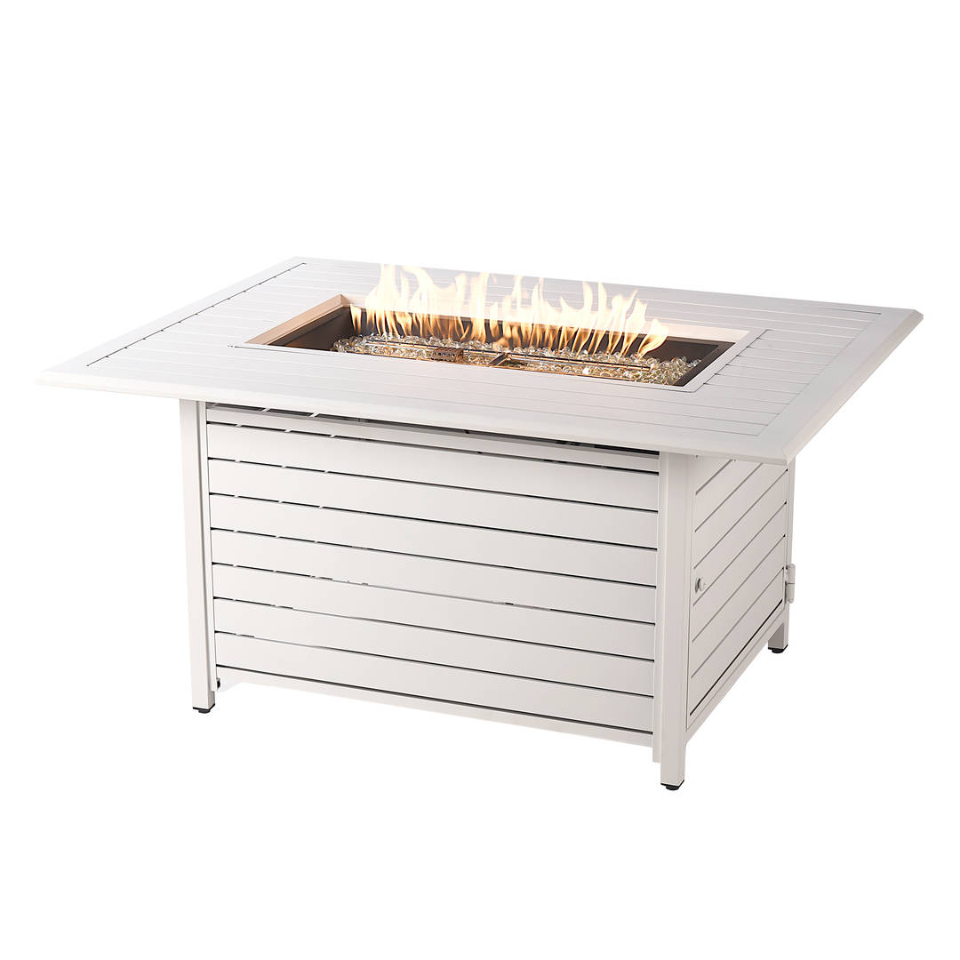 Rectangular 48 in. x 36 in. Aluminum Propane Fire Pit Table, Glass Beads, Two Covers, Lid, 55,000 BTUs in White Finish
