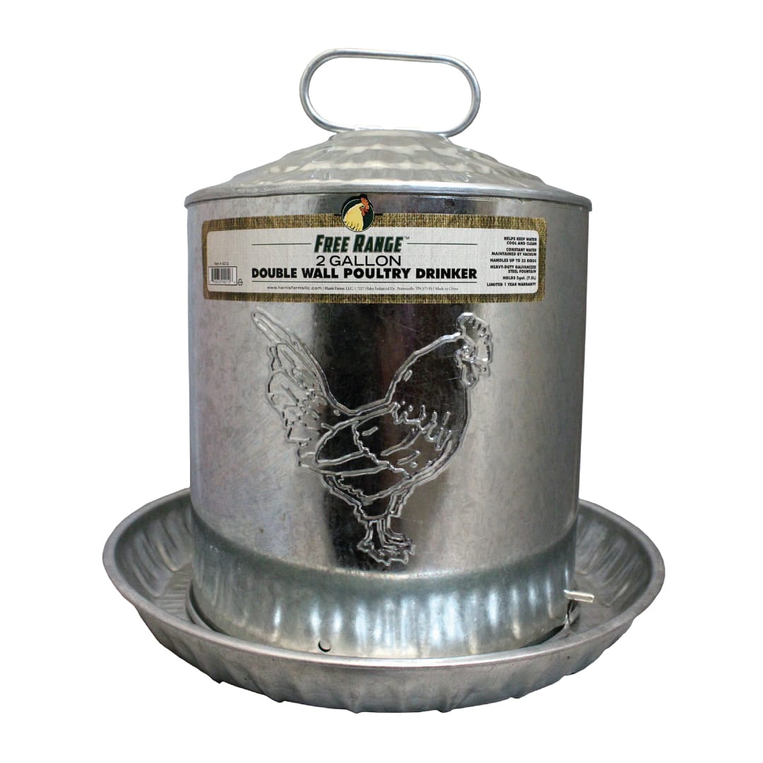 Manna Pro Chicken Waterer | Holds 2 Gallons of Chicken Water | Harris Farms Galvanized Steel Double Wall Poultry Drinker
