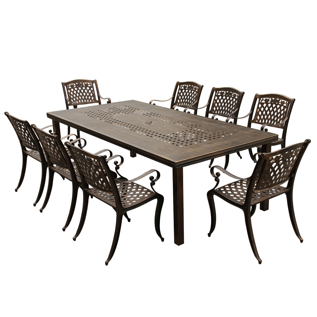 Modern Outdoor Mesh Lattice Aluminum 95-in Bronze Large Rectangular Patio Dining Set with Eight Arm Chairs