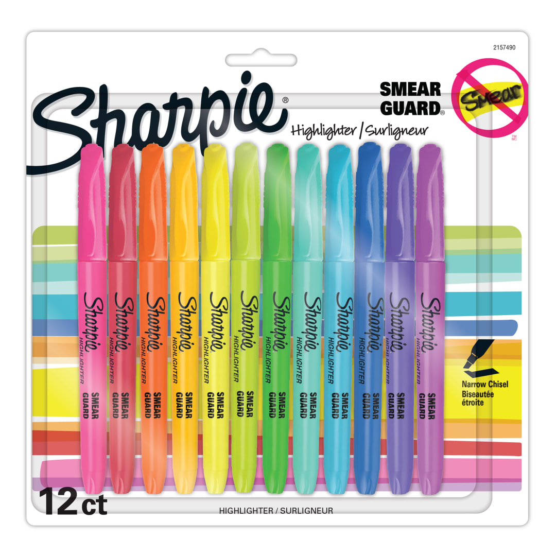 Surligneurs de poche Sharpie, pointe biseaute fine, couleurs assorties, 12units