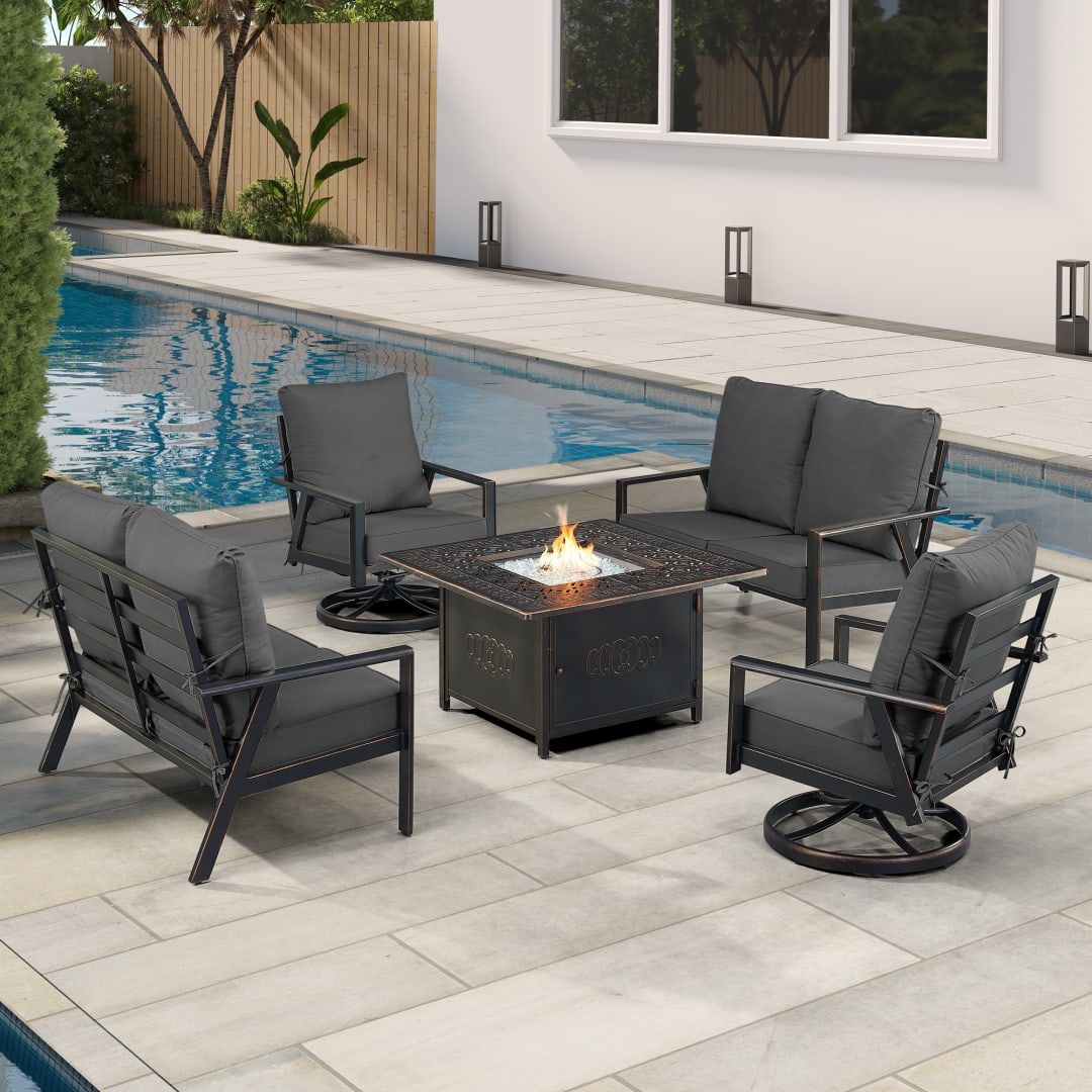 Black Aluminum Patio Fire Table Set with Two Deep Seating Loveseat with Cushions and Two Club Chairs