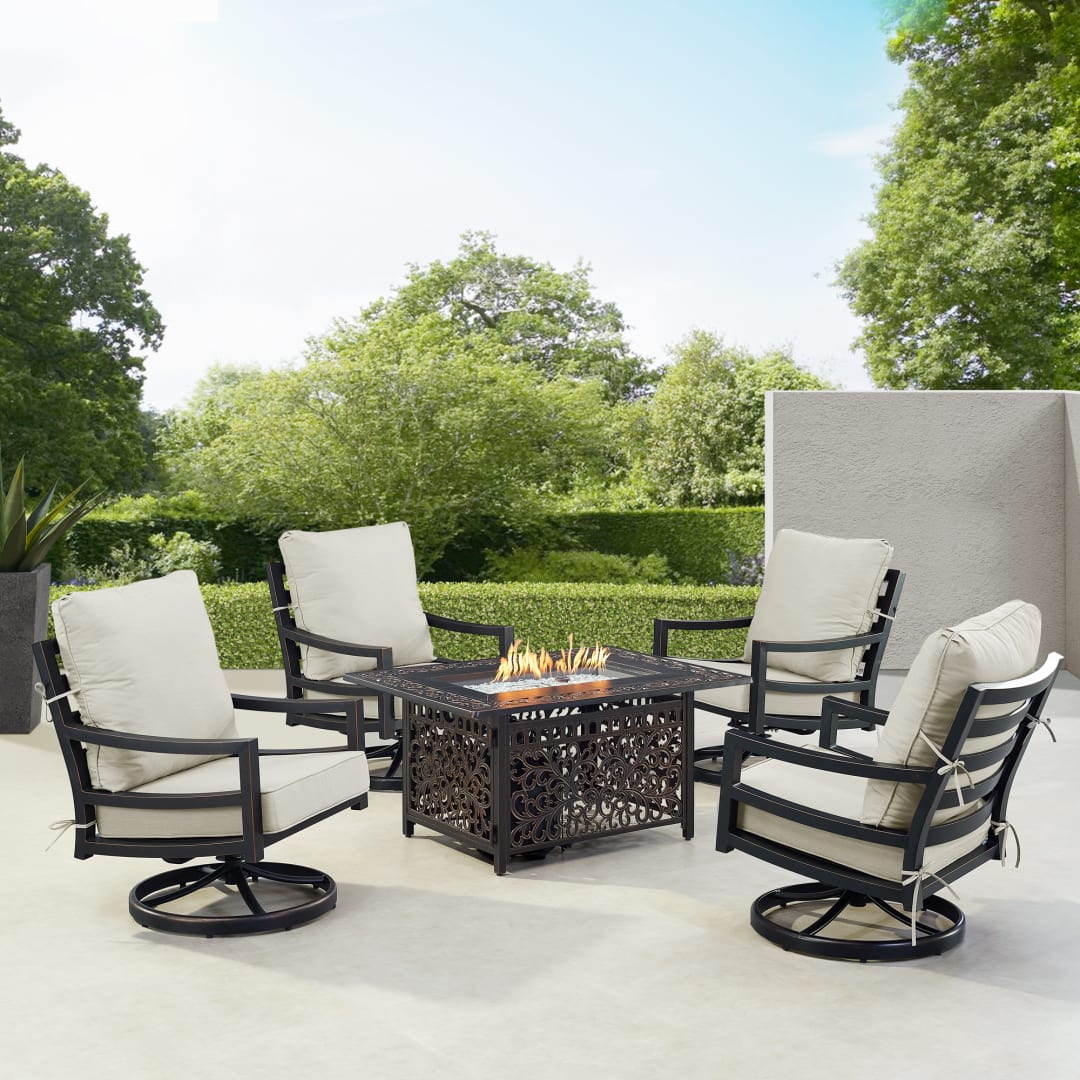 Black Aluminum Patio Fire Table Set with Four Club Chairs