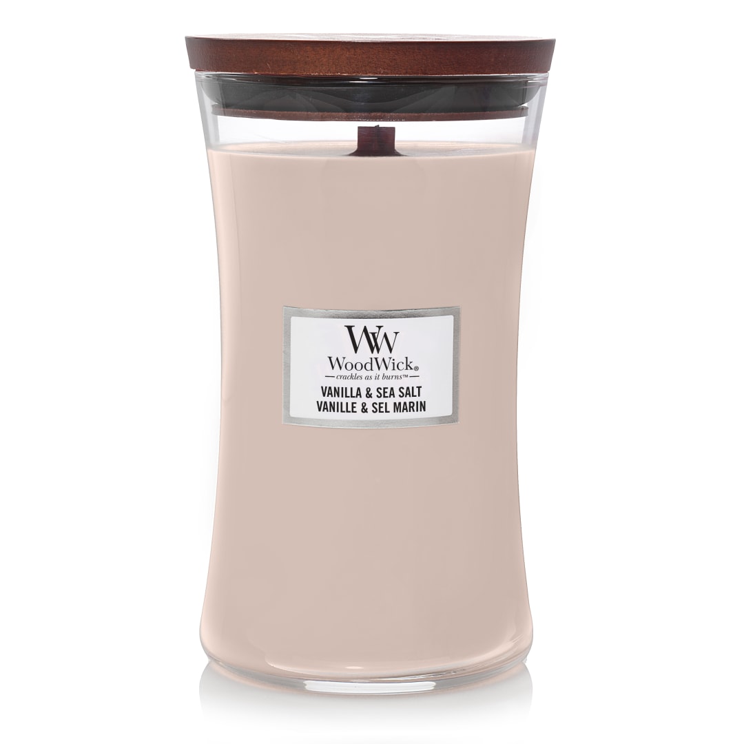 WoodWick Vela perfumada hourglass grande| Vainilla y sal marina | con mecha crepitante | Velas de larga duración: hasta 130 horas | Regalos perfectos para mujeres