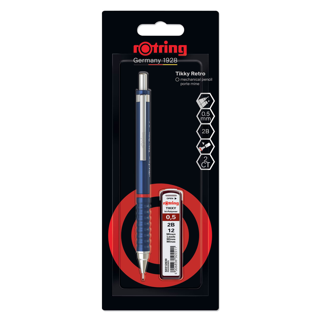 Juego de portaminas rOtring Tikky Retro | Mina 2B0,5 mm | Cuerpo azul | Ligero con cómoda empuñadura ondulada