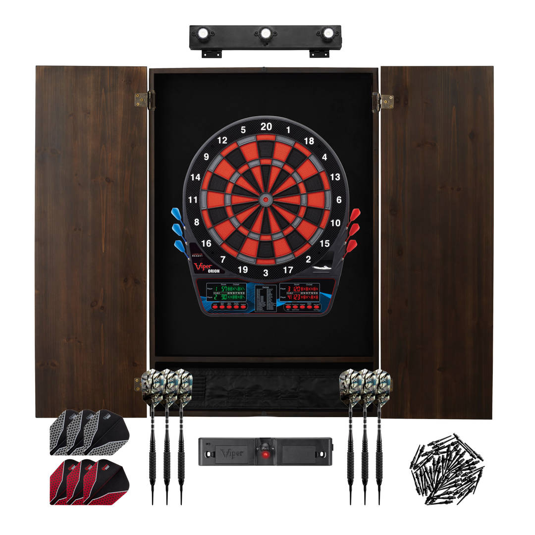 Viper Orion Electronic Dartboard, Metropolitan Espresso Cabinet, Throw Line Light, Dartboard Lights, Black Magic Soft Tip Darts, and Spare Tips and Flights