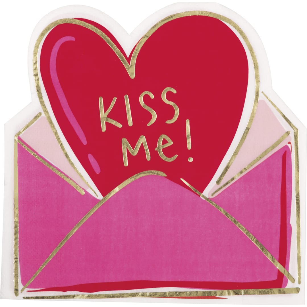 Red &amp; Pink Valentines "Kiss Me!" Shaped Luncheon Napkin, 16ct - Foil Stamping
