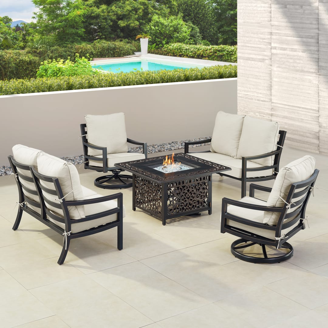 Black Aluminum Patio Fire Table Set with Two Deep Seating Loveseat with Cushions and Two Club Chairs