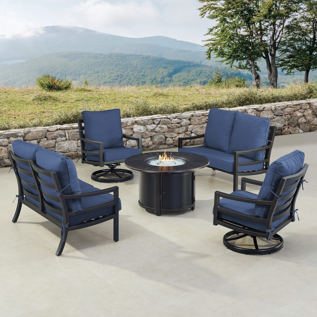 Black Aluminum Patio Fire Table Set with Two Deep Seating Loveseat with Cushions and Two Club Chairs