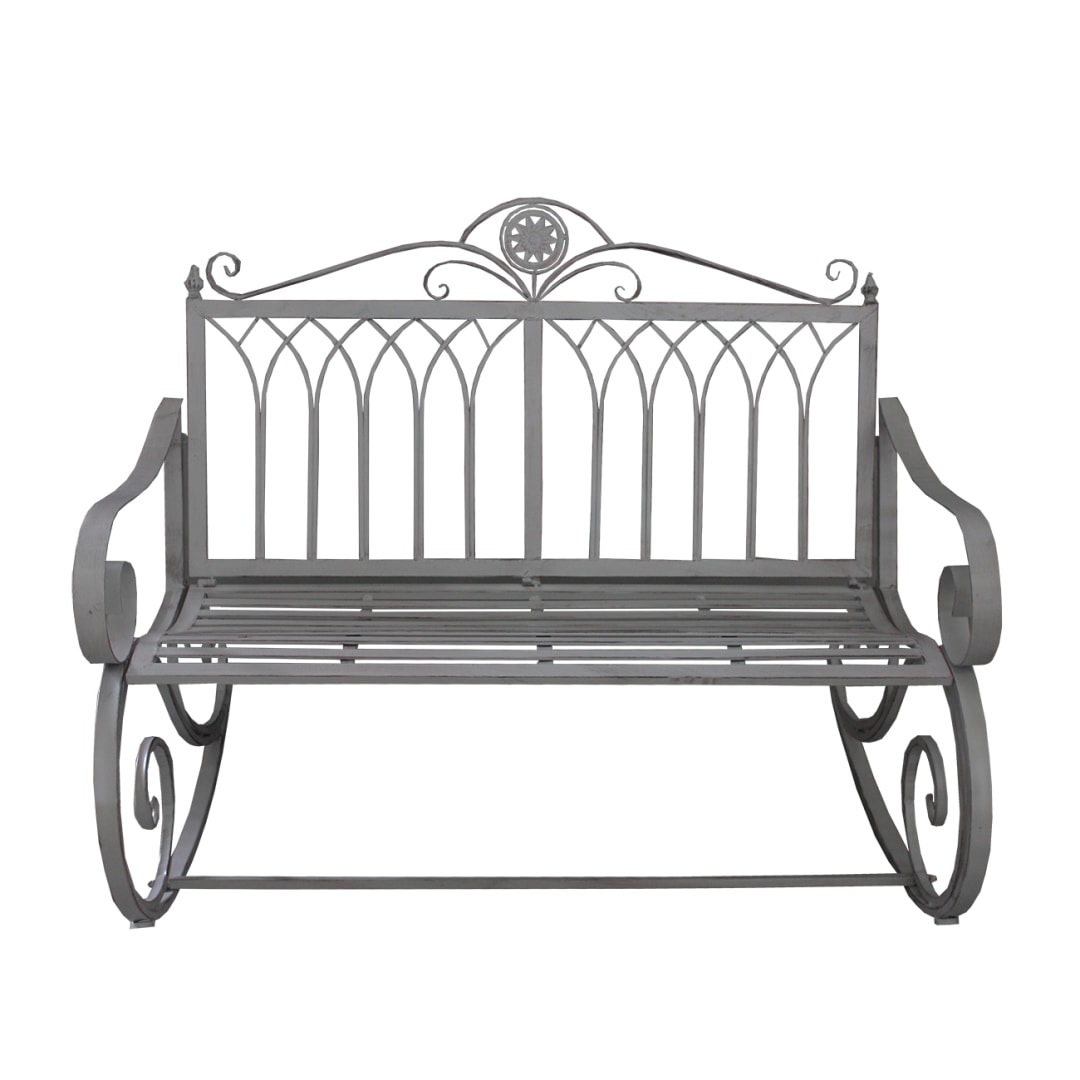 Iron and Steel Ornate Traditional Outdoor Patio Porch Garden Rocking Bench Loveseat in Antique Grey