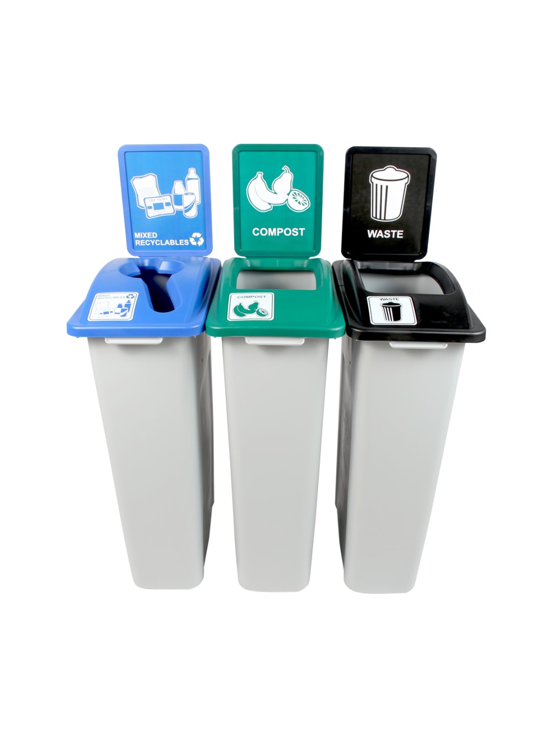 WASTE WATCHER - Triple - Kit - Mixed Recyclables-Compost-Waste - Mixed-Full - Grey-Blue-Green-Black