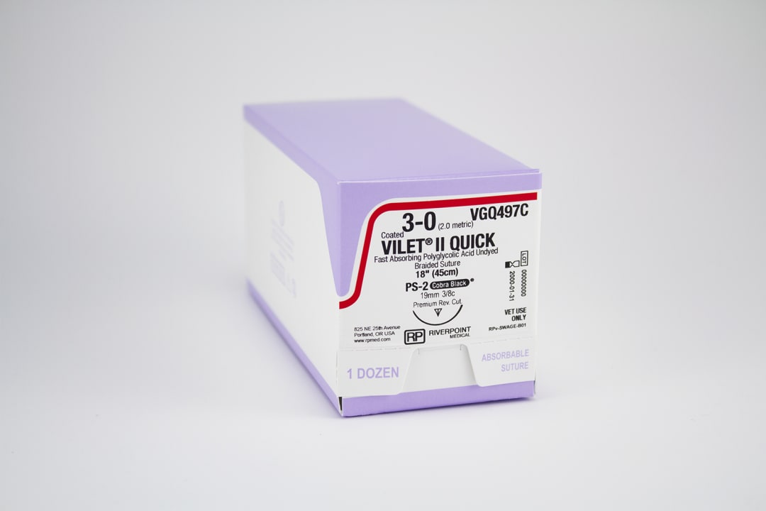 Vilet II Quick PGA Suture, USP 3-0 with 19mm PS-2 Premium Reverse Cutting 3/8 Circle Cobra Black Dental Needle, Undyed, 45cm, Sterile