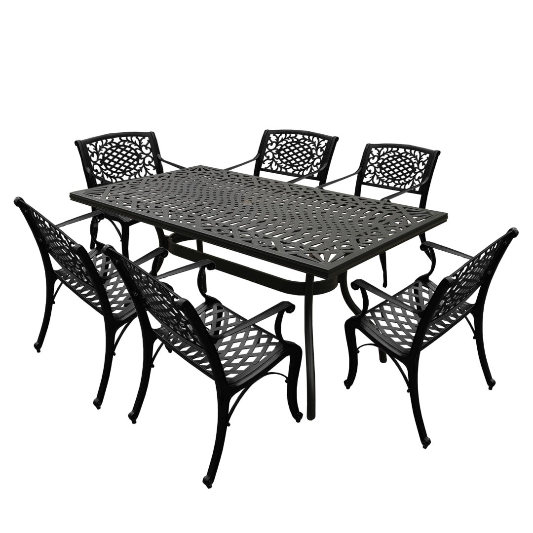 Modern Ornate Outdoor Mesh Aluminum 68-in Black Rectangular Patio Dining Set with Six Chairs