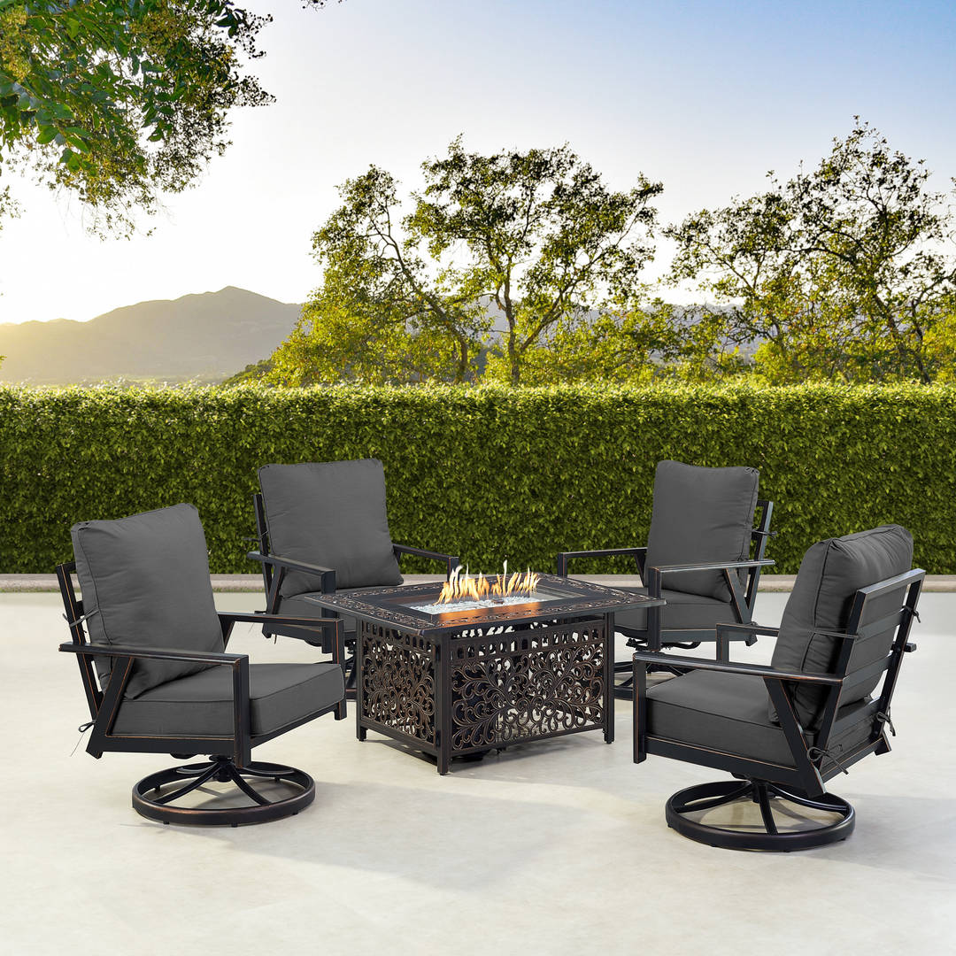 Black Aluminum Patio Fire Table Set with Four Club Chairs