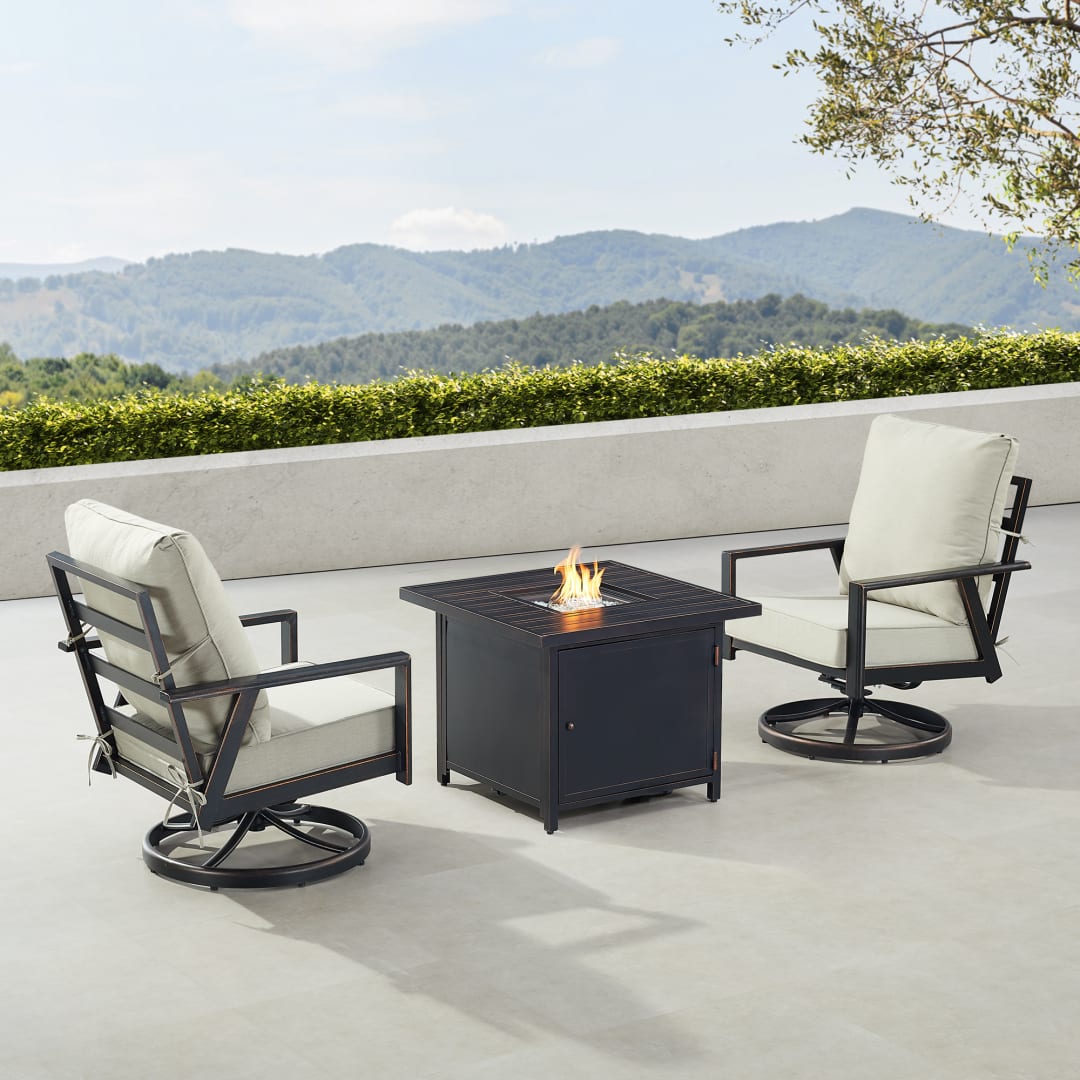 Black Aluminum Patio Fire Table Bistro Set with Two Club Chairs