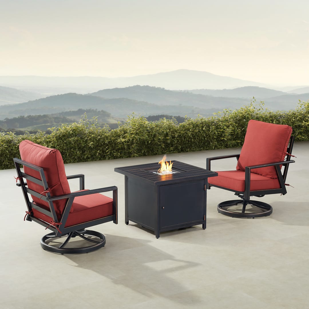 Black Aluminum Patio Fire Table Bistro Set with Two Club Chairs