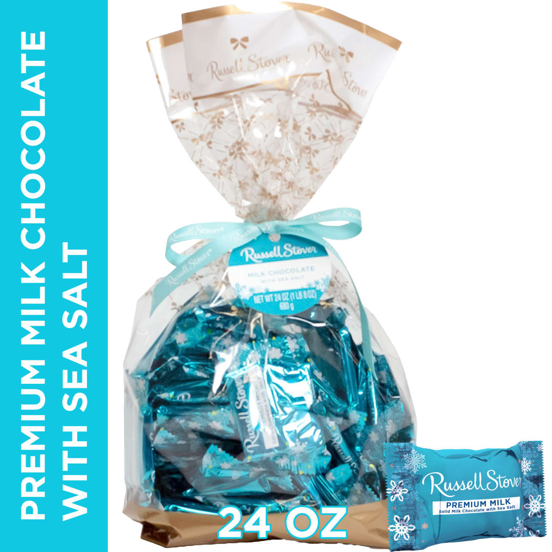 RUSSELL STOVER Christmas Solid Milk Chocolate with Sea Salt Tiles Candy Snowflake Gift Bag, 24 oz.