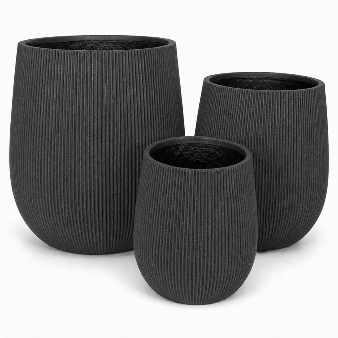 Set of 3 Fluted Round Polystone Indoor/Outdoor Planters, Black