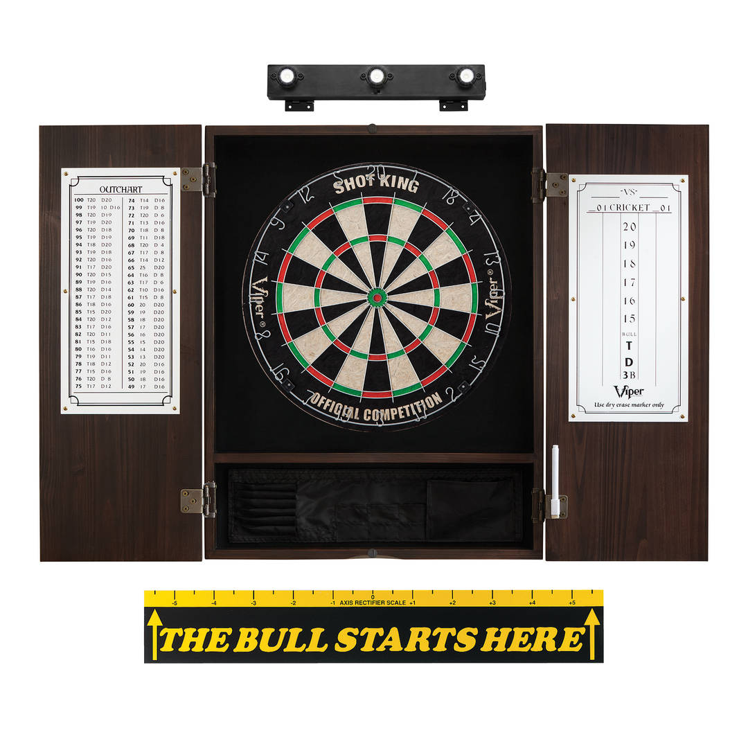 Viper Shot King Sisal Dartboard, Metropolitan Espresso Cabinet, Shadow Buster Dartboard Lights & "The Bull Starts Here" Throw Line Marker