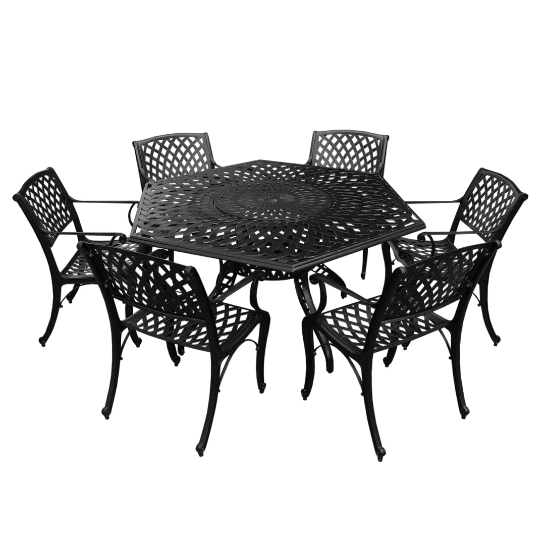 Modern Ornate Outdoor Mesh Aluminum 63-in Large Black Hexagon Patio Dining Set with Lazy Susan and Six Chairs