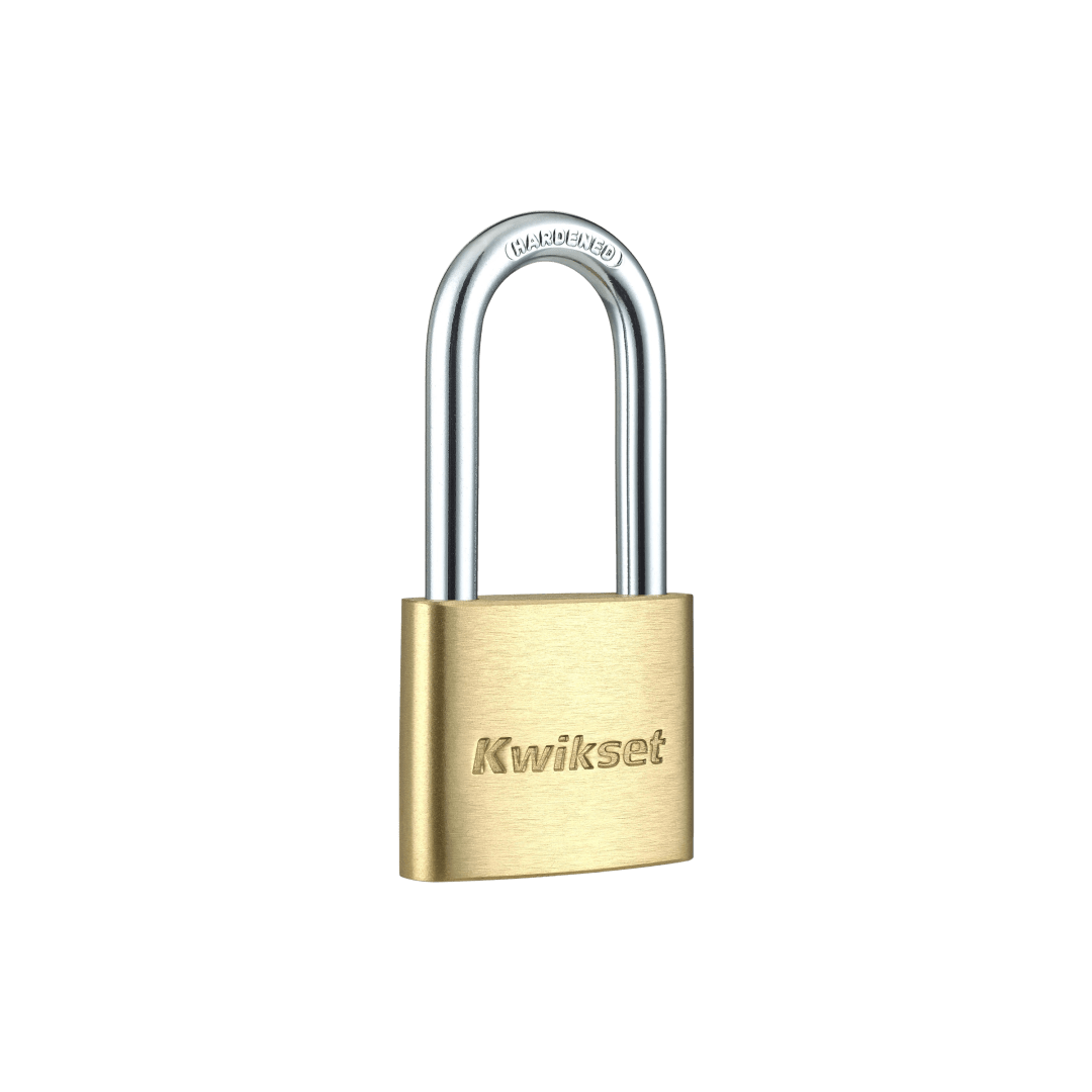 Kwikset Brass Padlock with Hardened Steel Shackle, 1-9/16 in Body, 1-1/2 in Shackle, 1 Pack