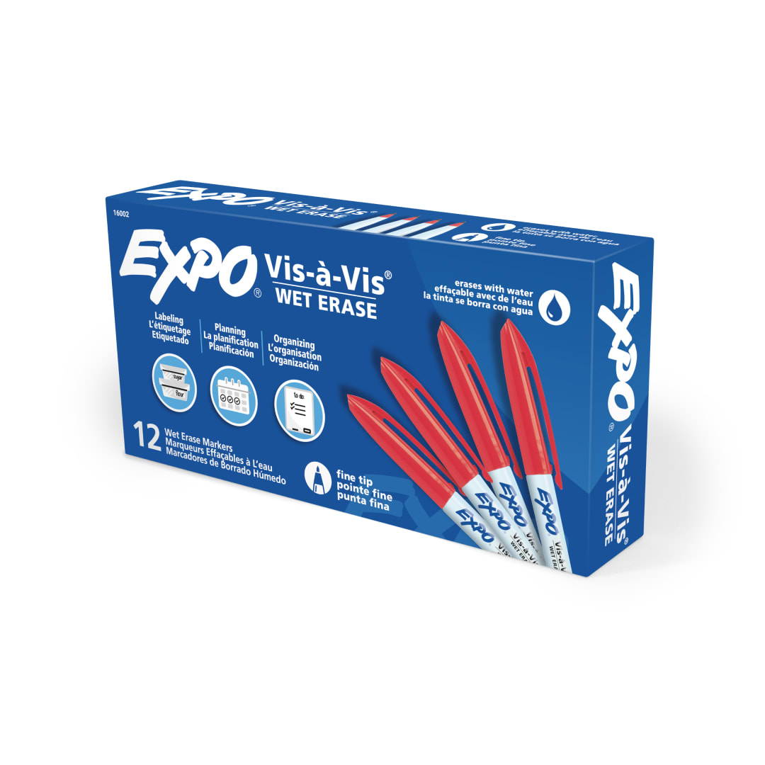 EXPO® Vis-a-Vis Wet Erase Markers, Fine Point, Red, 12 Count
