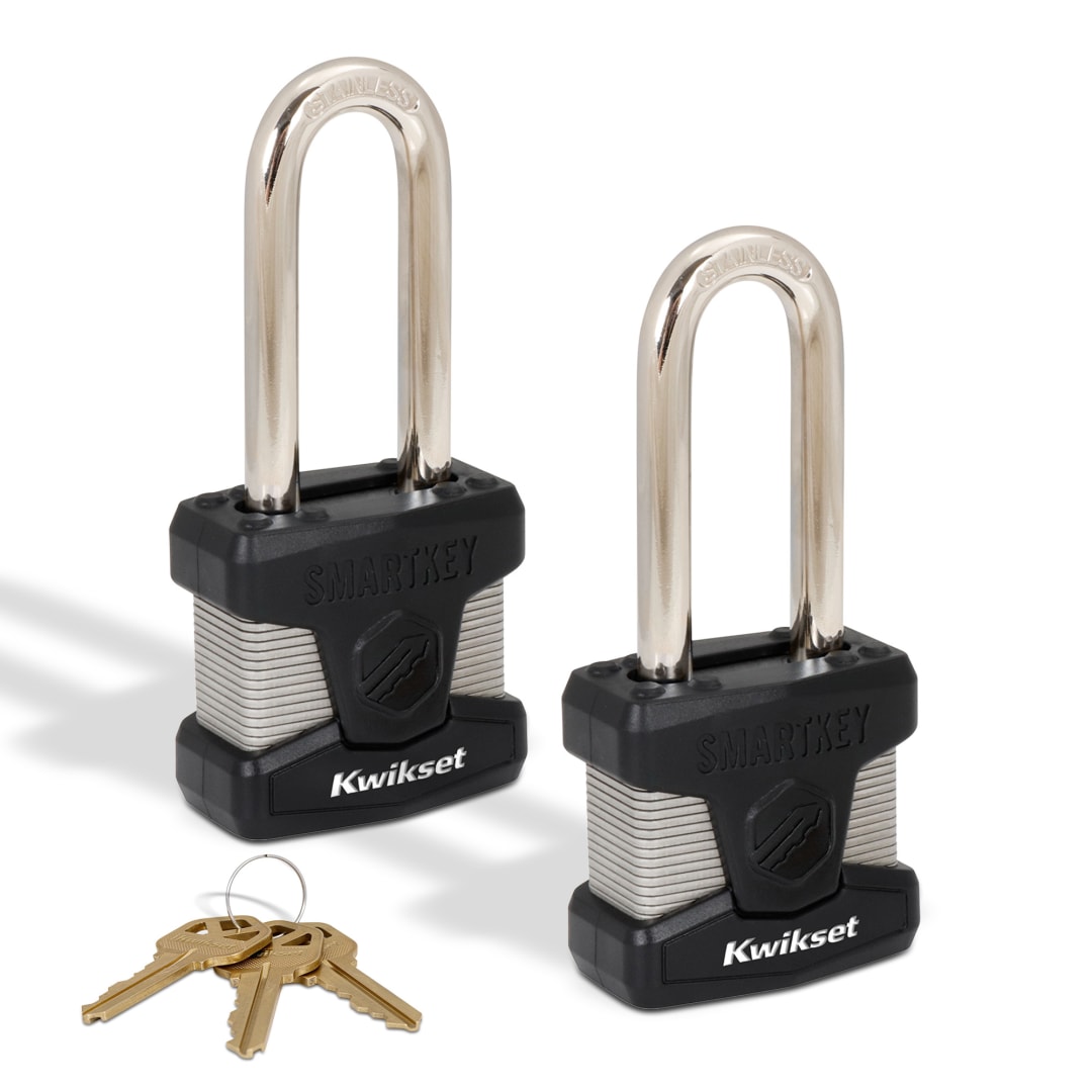 Kwikset SmartKey Re Keyable Laminated Steel Padlock with Stainless Steel Shackle, 2 in Body, 2-1/2 in Shackle, 2 Pack