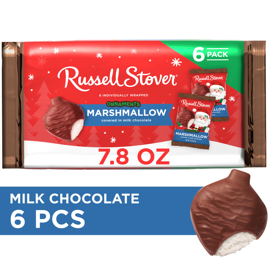 RUSSELL STOVER Christmas Milk Chocolate Marshmallow Ornament 6 Pack, 7.8 oz.