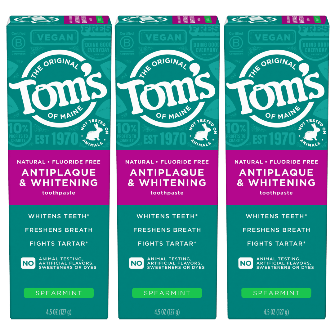 Tom’s of Maine Antiplaque and Whitening Fluoride Free Toothpaste, Spearmint 3-PACK