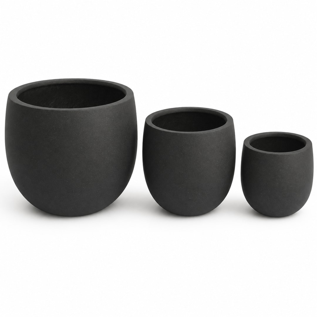 Set of 3 Round Polystone Indoor/Outdoor Planters, Black