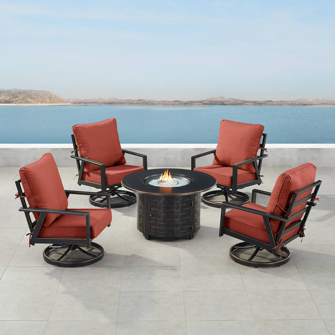 Black Aluminum Patio Fire Table Set with Four Club Chairs