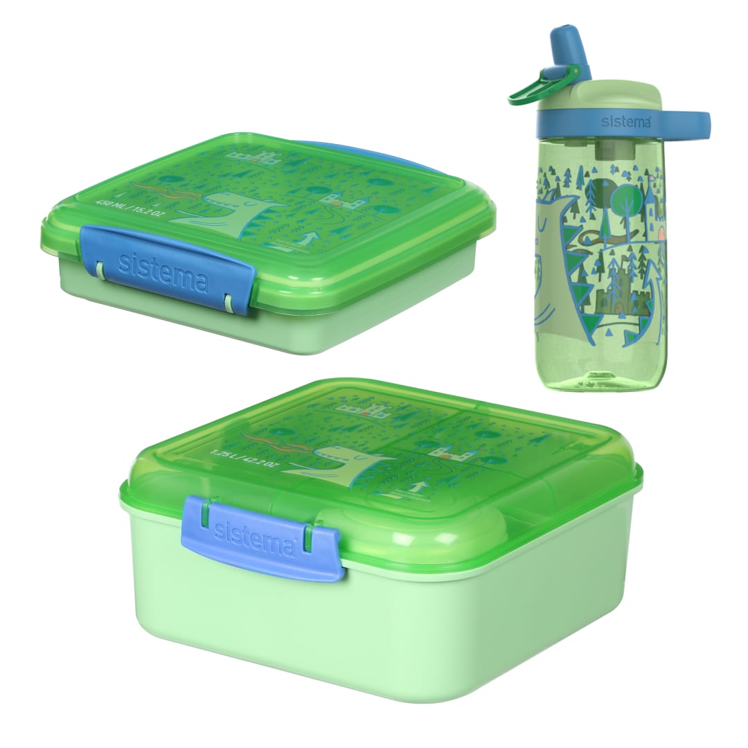 Sistema Expressions Set con Fiambrera Infantil y Botella de agua | Bento Cube (1,25L), Sándwich box(450ml) y Botella Easy Sip (500ml) | Dinosaur Cucumber