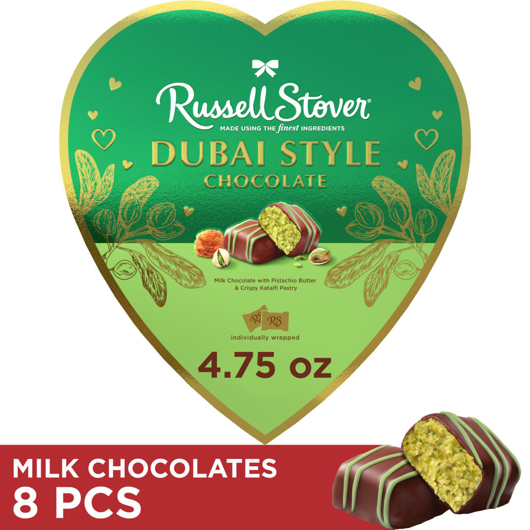 RUSSELL STOVER Valentine's Day Dubai Style Milk Chocolate Candy Pistachio & Kataifi Heart Gift Box, 4.75 oz.