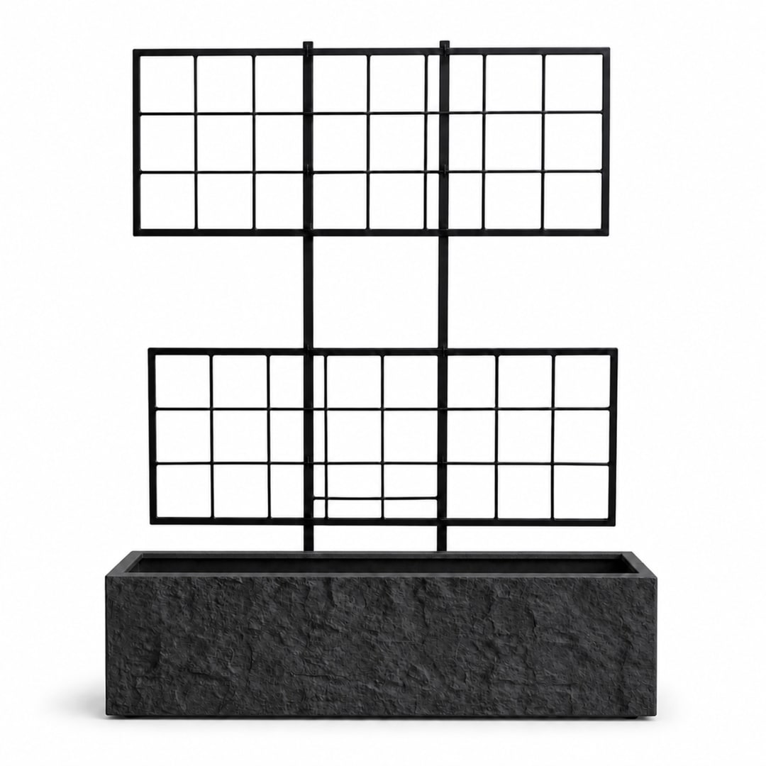 Rock Texture Rectangular Polystone Planter with Steel Trellis, Black