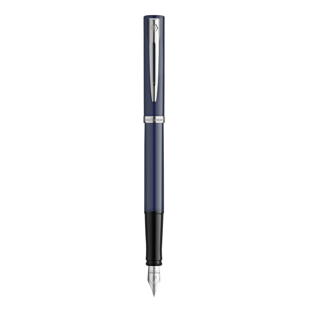 Waterman Impression Pluma estilográfica | Plumín medio con recarga de tinta azul | Laca azul con adornos chapados en paladio | Caja de regalo