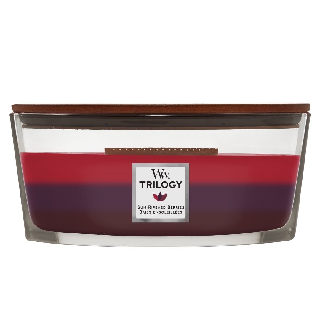 WoodWick Ellipse Trilogy Vela perfumada mecha crepitante | Bayas maduras | Hasta 50 horas de duración