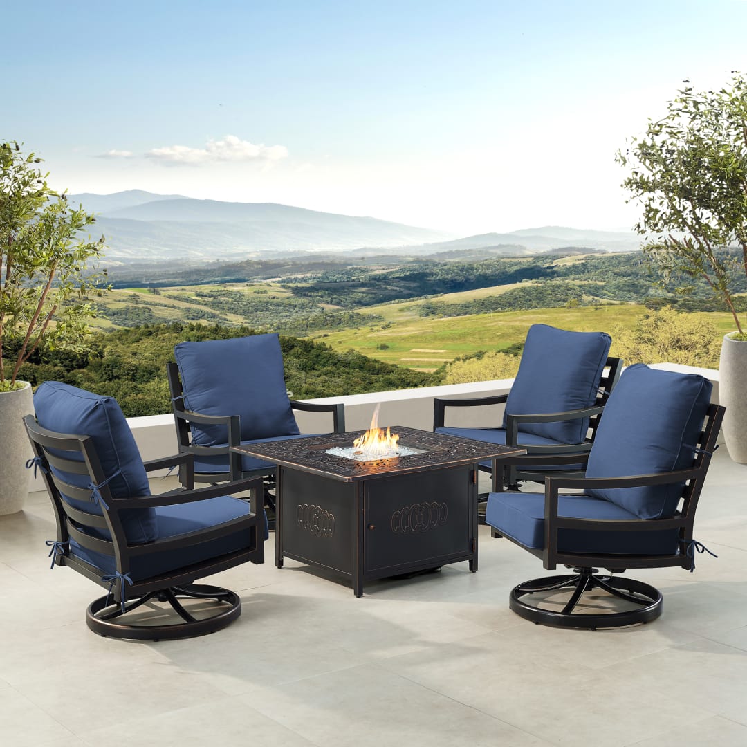 Black Aluminum Patio Fire Table Set with Four Club Chairs