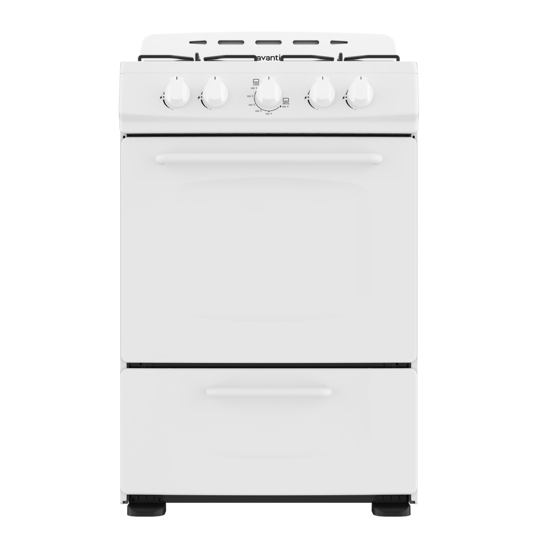 Avanti Compact Gas Range with Oven, 2.6 cu. ft. Capacity, 24 Inch Freestanding, 4 Burners, Broiler Drawer, in White (GRO24P0W)