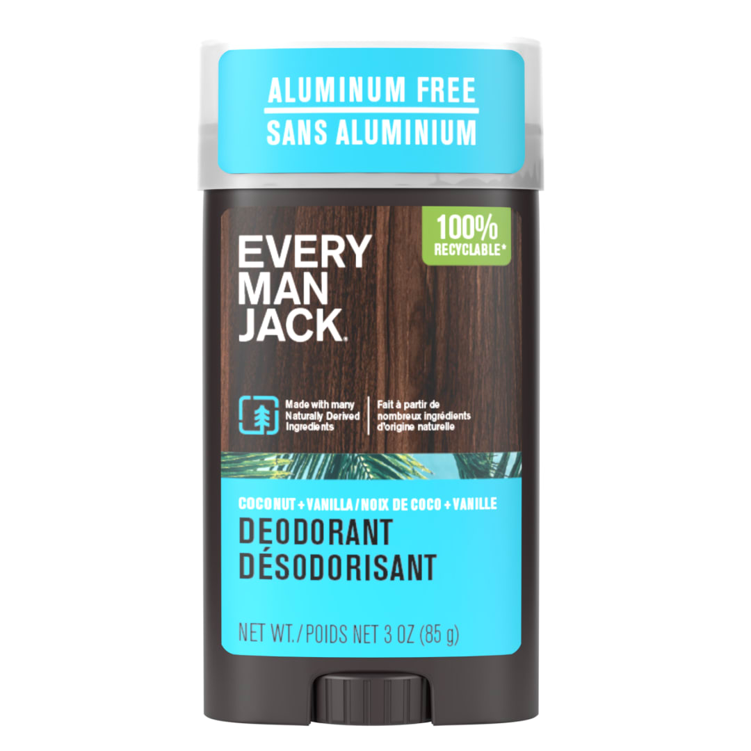 Every Man Jack Coconut + Vanilla Men’s Deodorant - Stay Fresh with Aluminum Free Deodorant For all Skin Types - Odor Crushing, Long Lasting, with Naturally Derived Ingredients - 85g