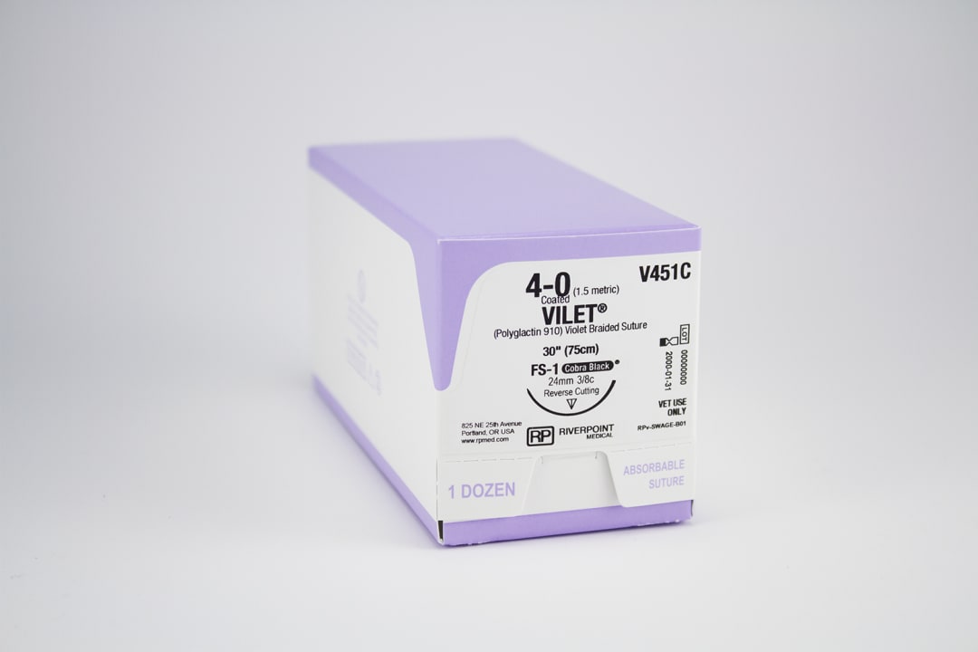 Vilet PGLA Suture, USP 4-0 with 24mm FS-1 Reverse Cutting 3/8 Circle Cobra Black Needle, Violet, 75cm, Sterile