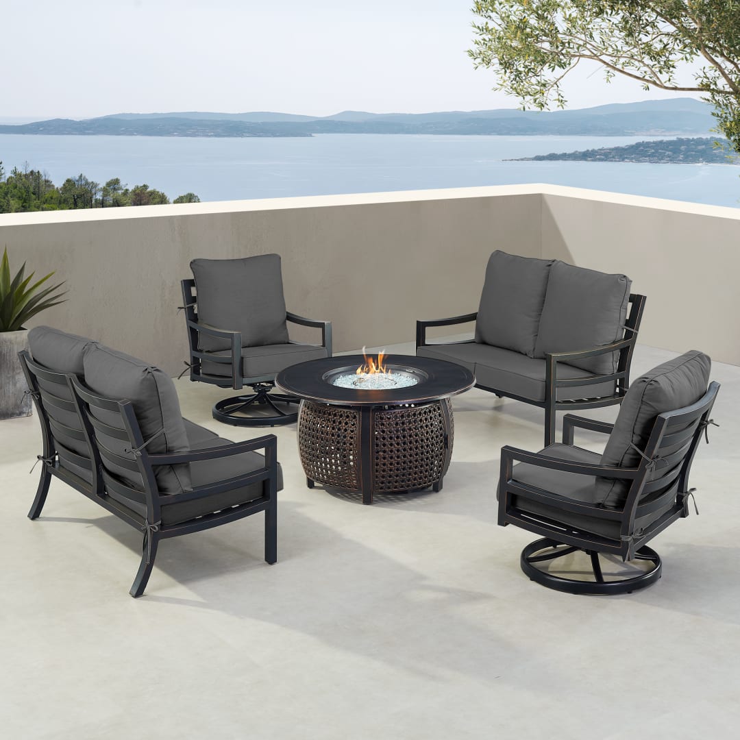 Black Aluminum Patio Fire Table Set with Two Deep Seating Loveseat with Cushions and Two Club Chairs