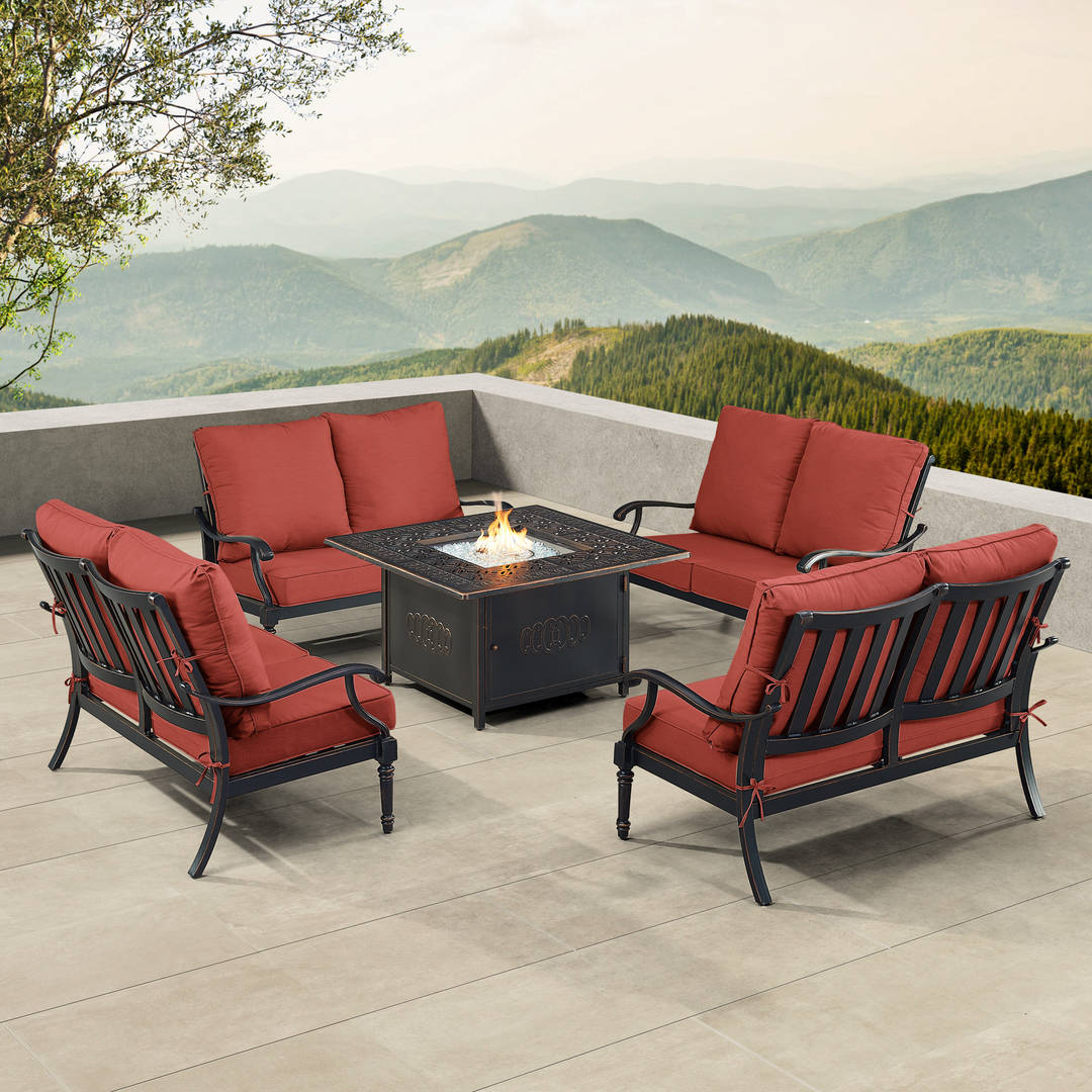 Black Aluminum Patio Fire Table Set with Four Deep Seating Loveseat with Cushions
