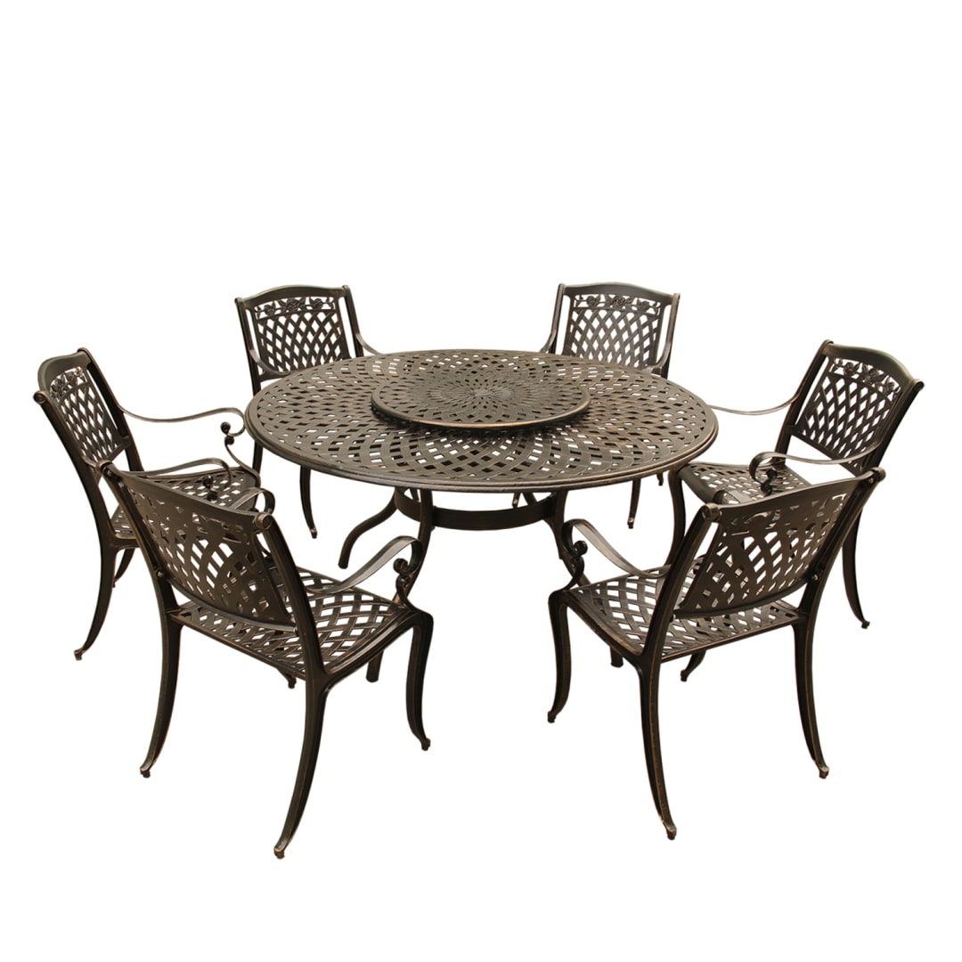 Rose Contemporary Modern and Ornate Traditional Outdoor Mesh Lattice Aluminum 59 inch Bronze Round Dining Set with Lazy Susan and Six Chairs