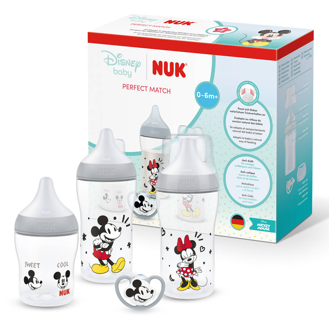 NUK Perfect Match Set de Biberones y Chupete para Recién Nacidos | 0-6 Meses | 3 Biberones Anticólicos (150 ml, 260 ml), 1 Chupete Perfect Match Air | Disney el Ratón Mickey | 4 Piezas