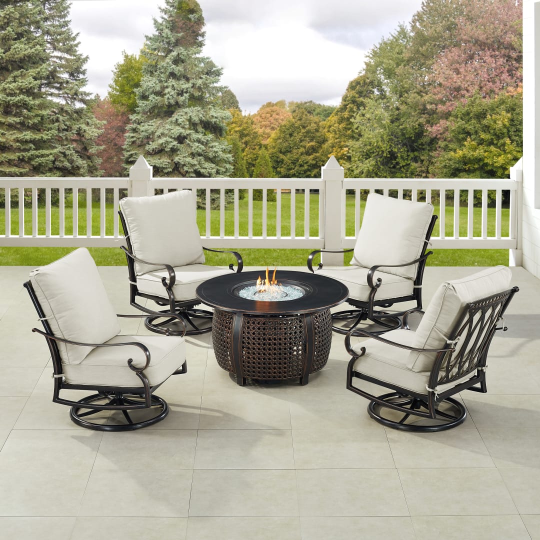 Black Aluminum Patio Fire Table Set with Four Club Chairs