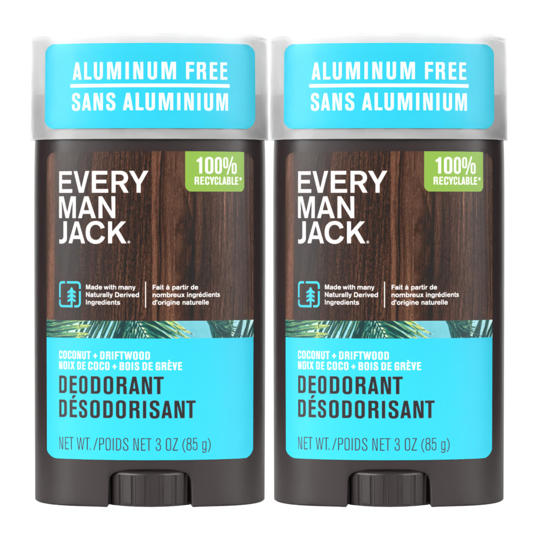 Every Man Jack Coconut Driftwood Men’s Deodorant - Stay Fresh with Aluminum Free Deodorant For all Skin Types - Odor Crushing, Long Lasting, with Naturally Derived Ingredients - 3oz (2 Pack)