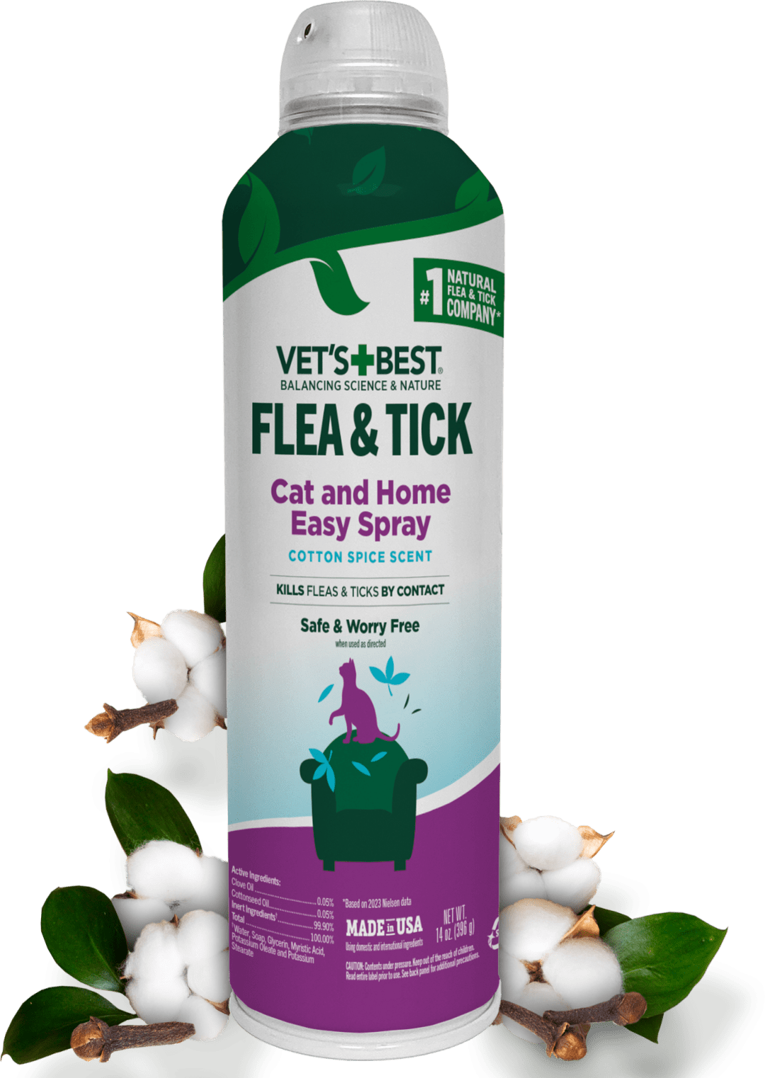 Vet's Best Flea and Tick Cat Easy Spray Cotton Spice – 14 oz