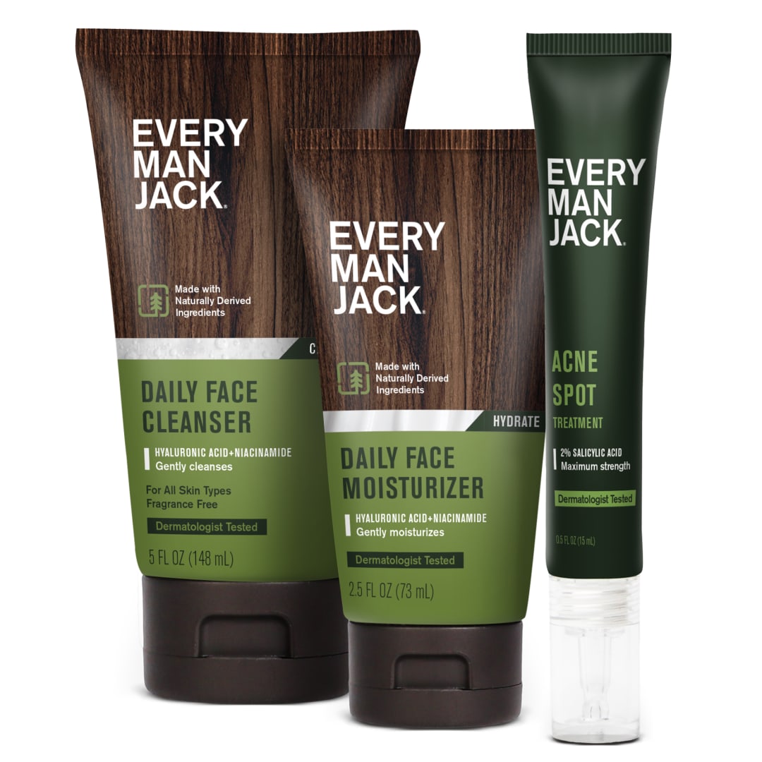 Every Man Jack Daily Skin Care Set -Three Full-Size, Fragrance Free Skin Care Essentials For a Complete Routine - Face Wash, Face Lotion, Acne Spot Treatment